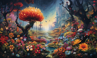  a painting of a fantasy forest with flowers and a stream.  generative ai