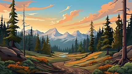 Cartoon nature landscape with mountain in forest deciduous trees trunks clearance AI, Generative AI, Gene