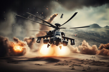 Fototapeta na wymiar WAR SERIES, Combat Attack Helicopter Firing from Close to Ground, created with Generative AI technology