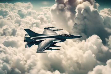WAR SERIES, Fighter Jet Flying Above Large White Clouds, created with Generative AI technology