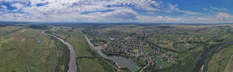 Fototapeta na wymiar Aerial drone view panorama Sluch river in Rivne region, Ukraine.