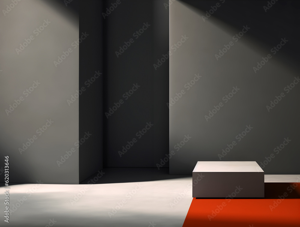Poster creative mock concept. empty muted abstract large empty wall room with podium stage and natural shad