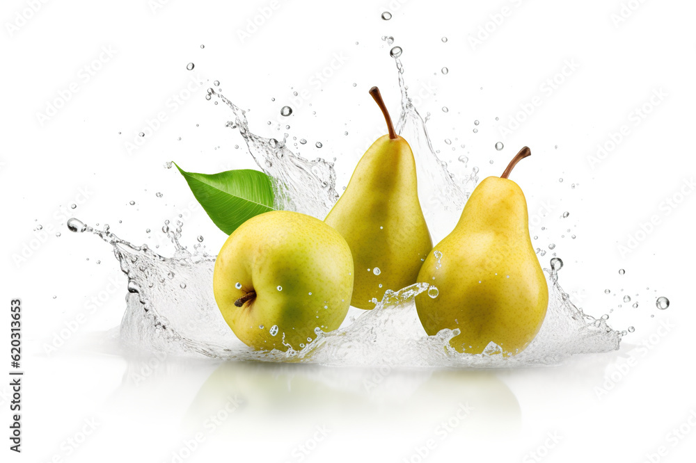 Poster a group of pears splashing on a white surface. generative ai. water or juice splash on white backgro