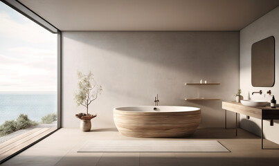 Naklejka na ściany i meble a bathroom with a large bathtub and a large window. generative ai