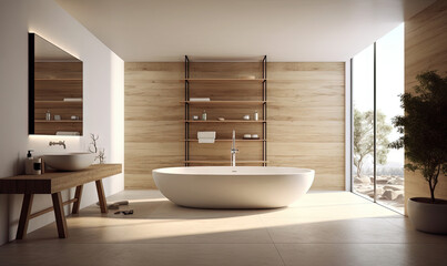 Naklejka na ściany i meble a large white bath tub sitting in a bathroom next to a sink. generative ai