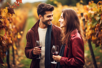 Sympathisches junges Paar mit einem Glas Wein in der Hand stehen zwischen Weinstöcken. Herbstliche Stimmung. - 620314201
