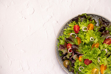 Blank food photography of salad; tomato; leaf; lettuce; onion, brunch; breakfast; background; raw, meal; food; cook; cuisine; nutrition