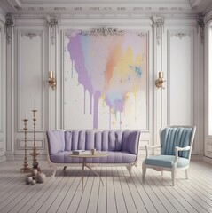 Traditional white panelled living room with classic boutique pastel armchair and sofa in a bright room