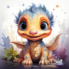 Obraz premium A very cute little dragon with big eyes. Generative AI.