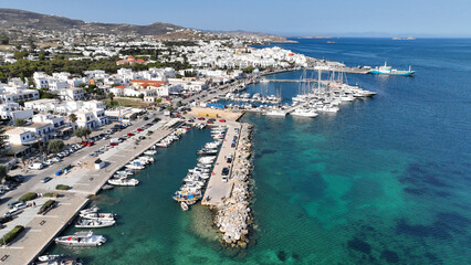 Aerial drone photo of traditional settlement of Paroikia with unique Cycladic architecture, Paros...