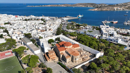 Obraz premium Aerial drone photo of famous Byzantine monastery of Ekatontapyliani in main village of Paros island, Parikia, Cyclades, Greece