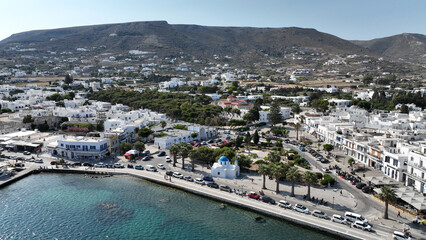 Aerial drone photo of traditional settlement of Paroikia with unique Cycladic architecture, Paros...