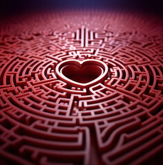 Heart Shaped Maze Labyrinth of Love. Valentine's Day Concept. Small Golden Heart Inside of Labyrinth.