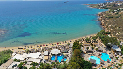 Aerial drone photo of famous organised beach of Punda with crystal clear turquoise sea, Paros island, Cyclades, Greece