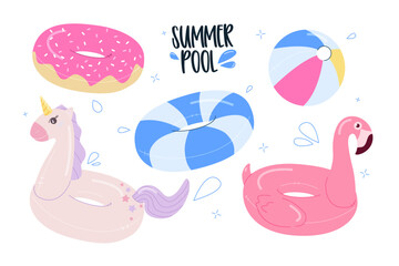 Set Rubber Rings .Various types of inflatable and outdoor pools. swimming in pool with rubber circles, summertime water activities. Children's rubber cartoon circles . Vector isolated summer elements