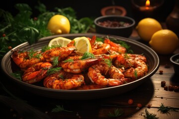 Set of fried shrimps with lemon and herbs
