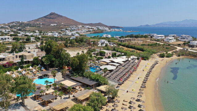 Aerial drone photo of famous organised beach of Punda with crystal clear turquoise sea, Paros island, Cyclades, Greece