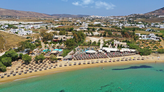 Aerial drone photo of famous organised beach of Punda with crystal clear turquoise sea, Paros island, Cyclades, Greece