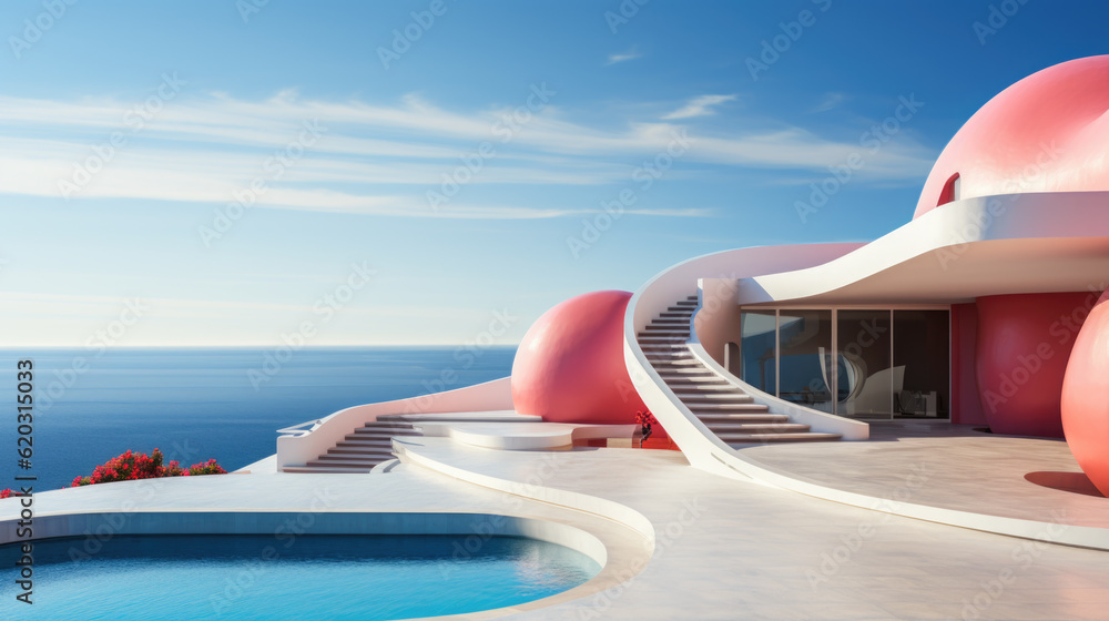Poster a house with a pool in front of the ocean. generative ai.