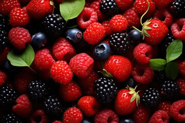 Close up of various raspberries and strawberries