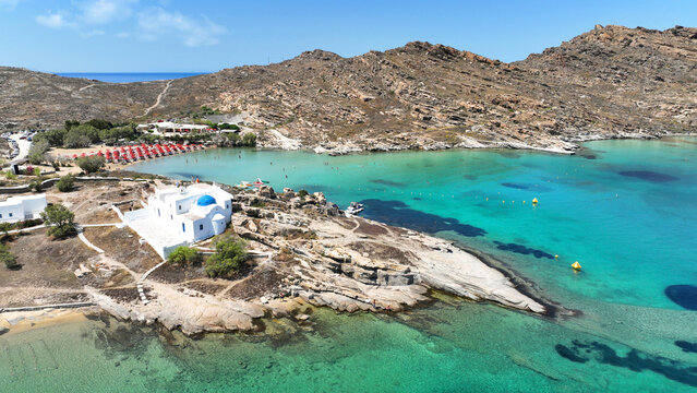 Aerial drone photo of famous small organised beach of Monastiri in the gulf of Naousa, Paros island, Cyclades, Greece