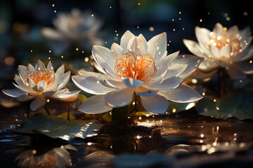 White pure lotus flower with green leaves on still water in sunshine with sparkles and shimmering light. AI generative
