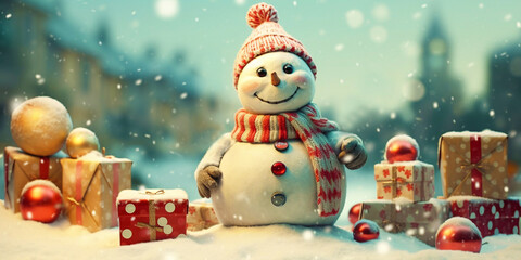 Merry Christmas and New Year greeting card. A cute and happy snowman in a knitted hat and scarf, standing against the background of a winter Christmas landscape and gifts. Banner.