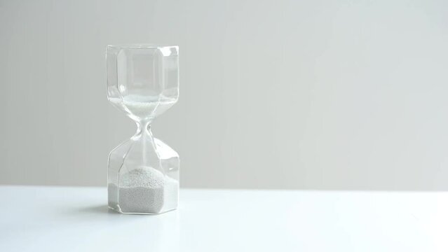 Hourglass on a white table and a light background. Faceted modern hourglass with light gray sand. The sand is finishing to pour