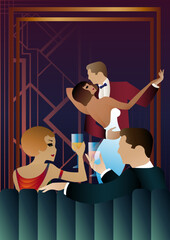 nightclub with people dancing and drinking alcohol. Vector illustration of a dance floor in a cafe or restaurant with dancers on stage and alcohol