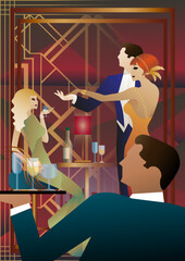 nightclub with people dancing and drinking alcohol. Vector illustration of a dance floor in a cafe or restaurant with dancers on stage and alcohol