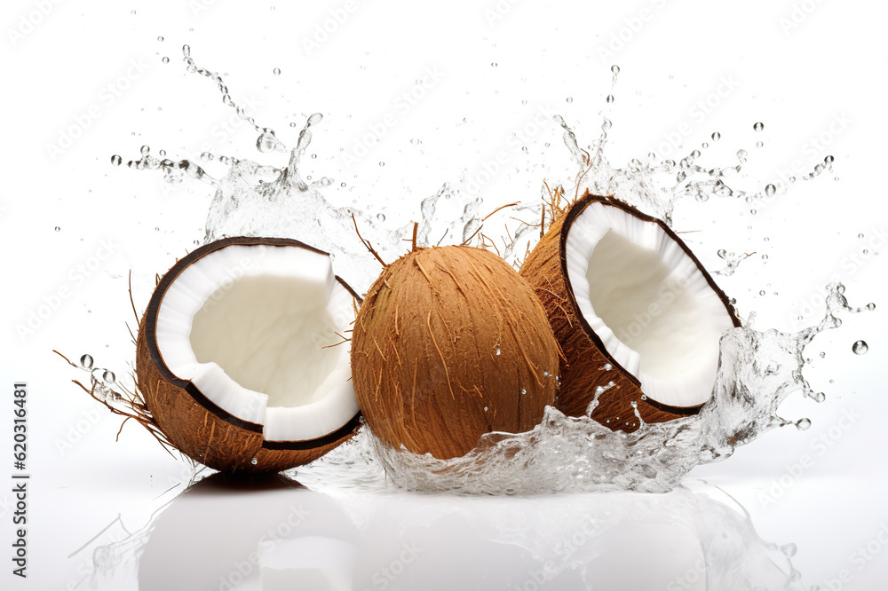 Poster two coconuts with water splashing out of them. generative ai. isolated on white background.