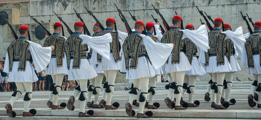 Changing of the Guards at Hellenic Parliament and Syntagma Square, Athens Cityscape in Greece,...
