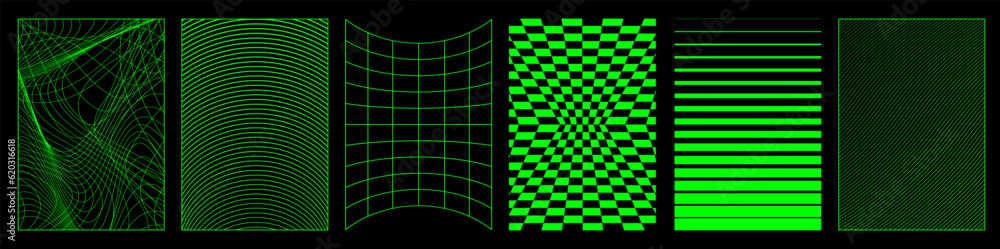 Aufkleber Abstract aesthetic y2k geometric isolated elements and 3D wireframe shapes. Neon retro line design elements. Vector illustration on black background.
