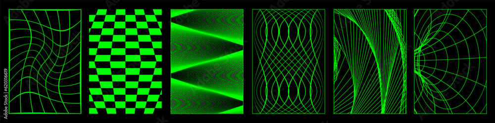 Aufkleber Set of abstract aesthetic y2k geometric elements and 3D wireframe shapes. Neon retro line design elements. Vector illustration for social networks or posters. EPS 10