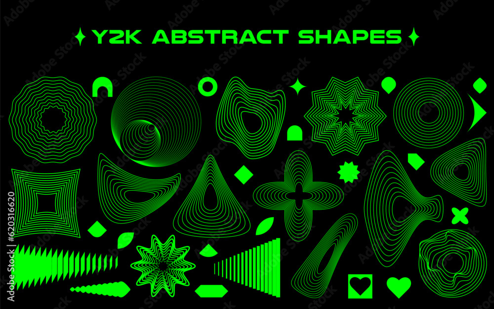 Aufkleber Set of abstract aesthetic y2k geometric elements and 3D wireframe shapes. Neon retro line design elements. Vector illustration for social networks or posters. EPS 10