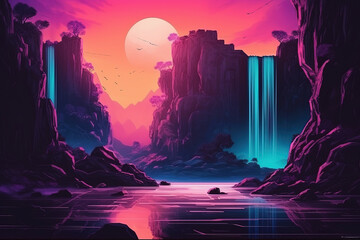 Cascade of Colors: Vibrant Waterfall Illustration