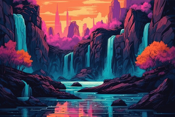 Fototapeta na wymiar Cascade of Colors: Vibrant Waterfall Illustration