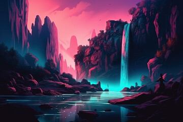 Cascade of Colors: Vibrant Waterfall Illustration