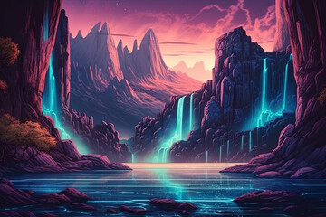 Cascade of Colors: Vibrant Waterfall Illustration