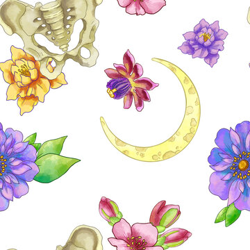 Seamless pattern with flowers, moon and pelvic bone on a white background. For printing on textiles, wrapping paper, creating backgrounds. Violet and magenta flowers, a thin moon and a skeletal bone.