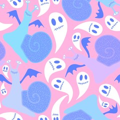 Naklejka premium Cartoon animals Halloween seamless snails pattern for fabrics and linens and wrapping paper and kids clothes