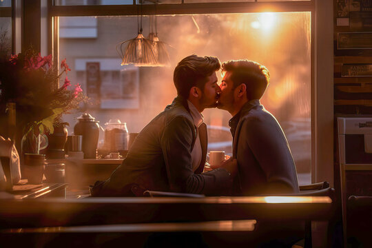 Illustration of a romantic gay couple sharing a passionate kiss created with Generative AI technology