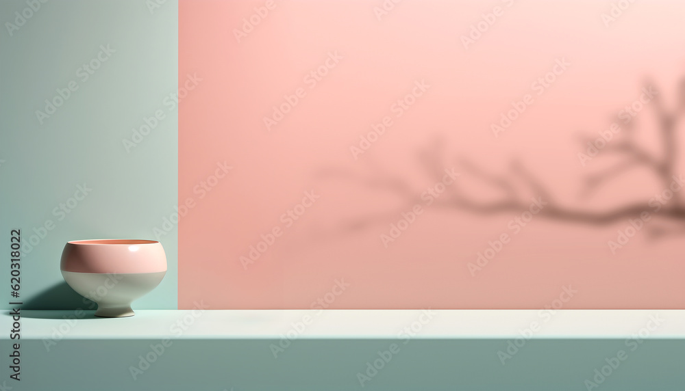 Fototapete abstract minimal concept. pastel colour table background with vase and natural tree branch shadow la