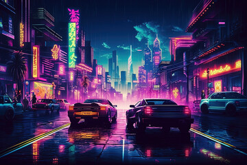 Fototapeta na wymiar Neon Nights: Vibrant Cityscape Illustration, ai