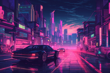 Fototapeta premium Neon Nights: Vibrant Cityscape Illustration, ai
