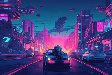 Neon Nights: Vibrant Cityscape Illustration, ai