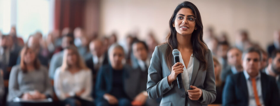 Influential businesswoman, self-assured and with a positive attitude while leading a briefing session, highlighting her charisma and inspirational effect, promoting female autonomy in the workplace