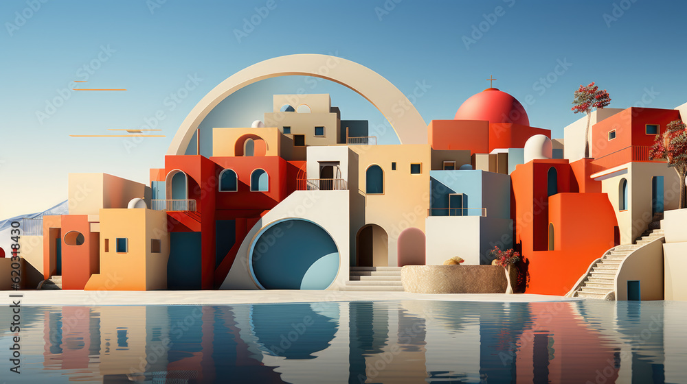 Poster a picture of a building with a pool in front of it. generative ai.