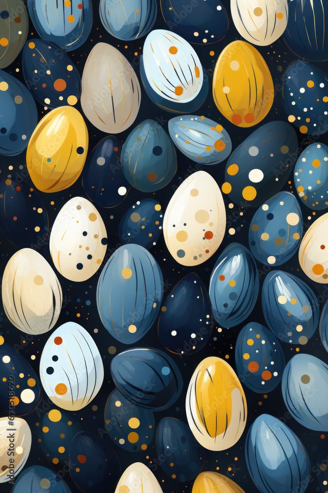 Poster a bunch of different colored eggs laying on top of each other. generative ai. moden easter backgroun
