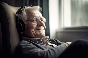 Male senior citizen relaxes as he listens to music on his headphones